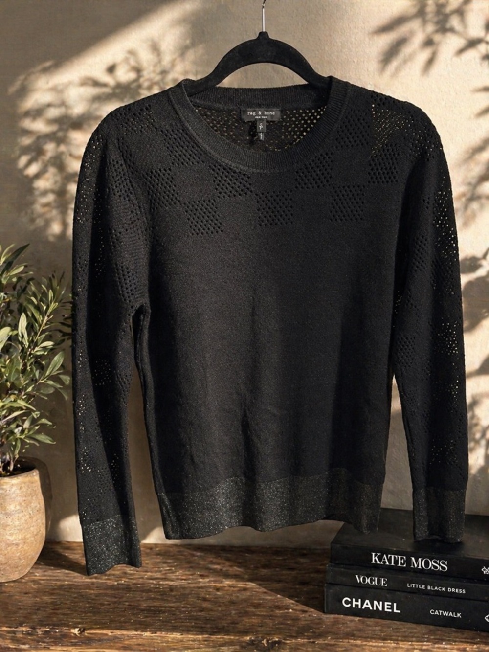 rag & bone Black Open Knit Crew Sweater